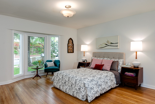 Bedroom with bay window and attached bath