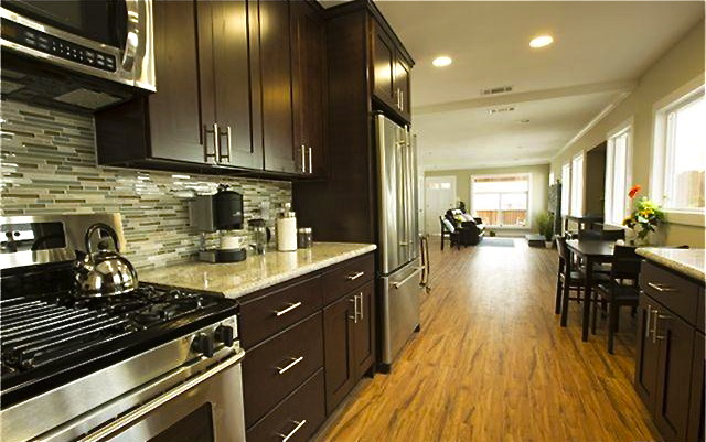 Galley kitchen with subway tile