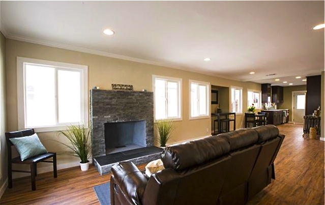 Living room with wood floors, fireplace and open floor plan