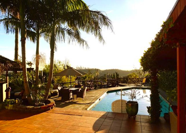 Pool area with jet liner views